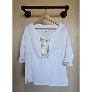 100% cotton white and gold lightweight 3/4 sleeve‎ pullover top women's size XL